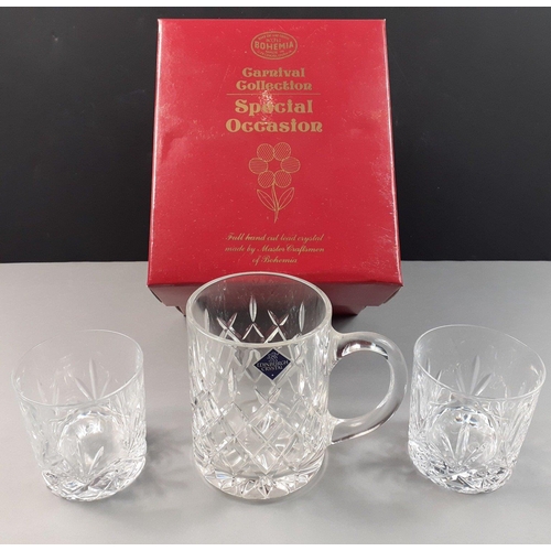 234 - A first quality signed EDINBURGH CRYSTAL  1pt tankard and also 2 small whisky tumblers in a Bohemia ... 