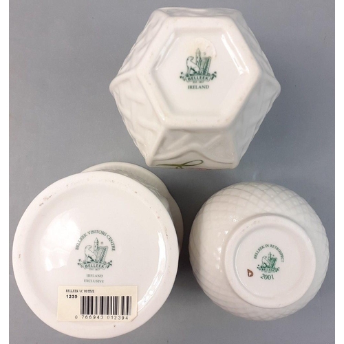 253 - Three pretty pieces of BELLEEK. Modern green stamp pieces the tallest 11cm tall.  All in excellent u... 