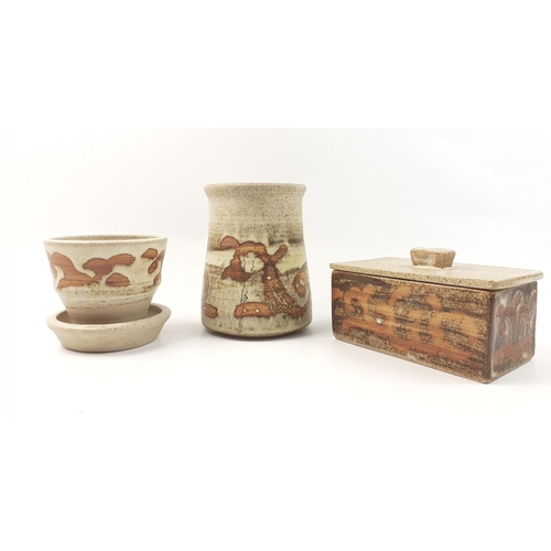 278 - Three items of studio pottery to include a butter dish, a vase (14cm high) and a small plant holder ... 