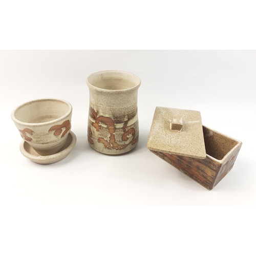 278 - Three items of studio pottery to include a butter dish, a vase (14cm high) and a small plant holder ... 