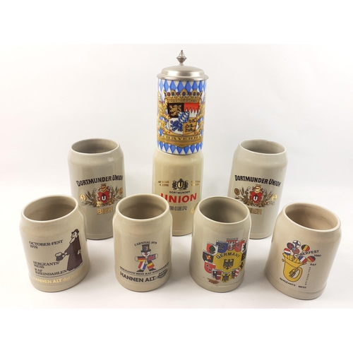 280 - A collection of German stoneware steins comprising 3 x 1l Dortmunder Union mugs and 4 half litre mug... 