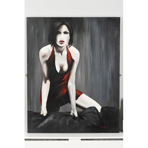 287 - A striking original painting on canvas by MIRELLA BITETTI of a girl posing on bed. Canvas on boxed s... 