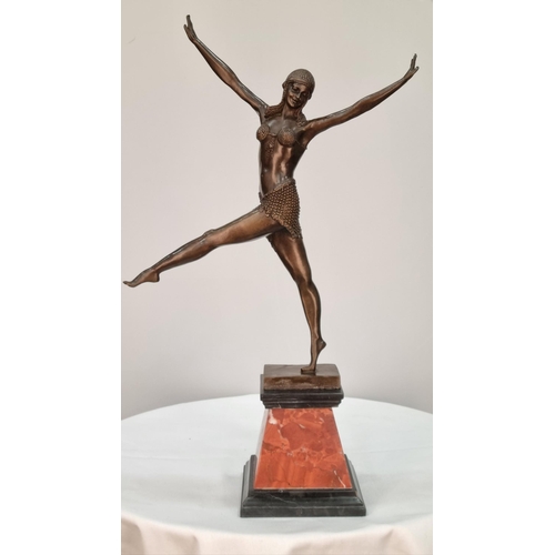 302 - A bronze sculpture of a dancer with well sculpted  detail on solid marble base. H: 60cm  W: 40cm  D:... 