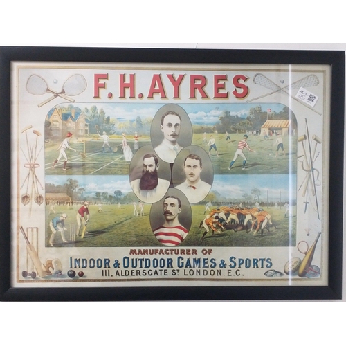 307 - A framed F.H. AYRES advertising print depicting the four sports of cricket, tennis, rugby and hockey... 