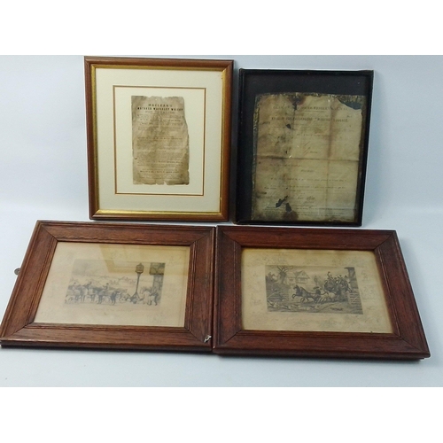 312 - SCOTTISH WHISKY & RAIL INTEREST - Two engraved hunting scenes in very old oak frames each 36x31c... 