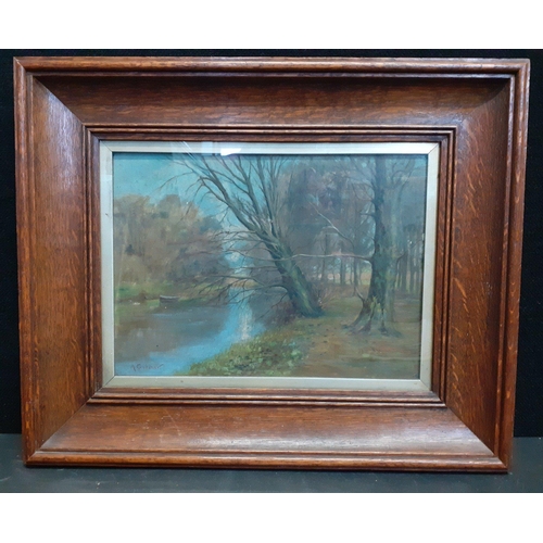 317 - VINTAGE! An oil painting on board by A GARDNER of a riverside scene, oak frame size 57x47cm, visible... 