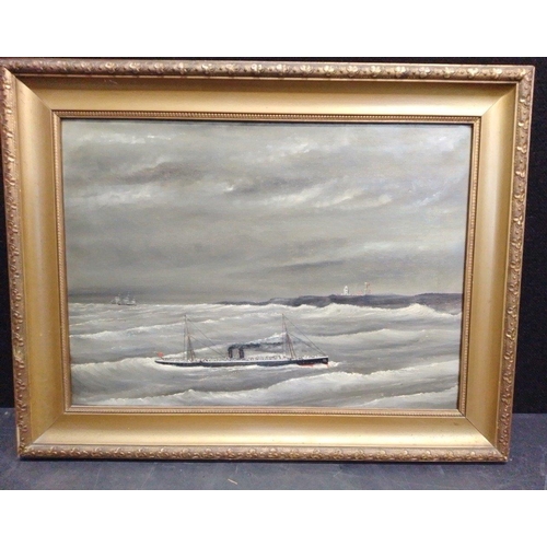 318 - A moody oil painting on canvas, no visible signature, of a stormy coastline with 2 ships in view, wo... 