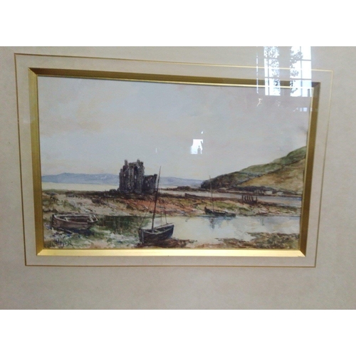 322 - A framed and glazed watercolour by R GLOVER of a castle scene with castle and boats, damaged gilt wo... 