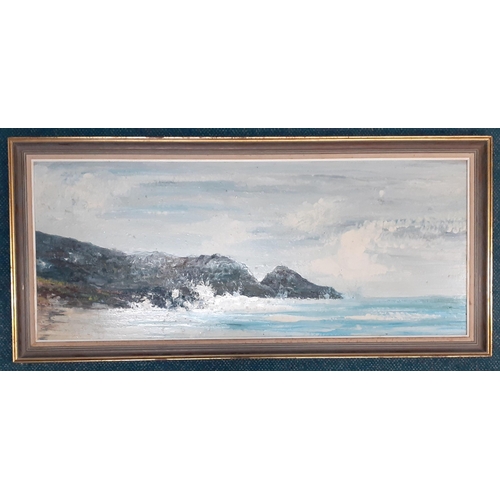 328 - An original unglazed oil on board of a seascape coastal scene with cliffs, no signature.  Frame size... 