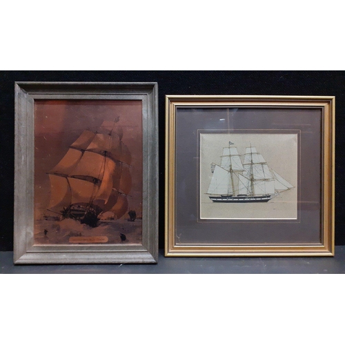 332 - Of maritime interest to include an etched copper picture of Merchantmen in the Downs 31x23cm approx,... 