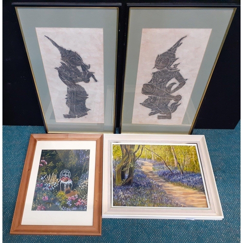 334 - Two Balinese style prints 66x35cm, a pretty woodland scene and a garden scene.  Nice colourful items... 