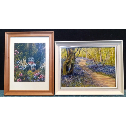 334 - Two Balinese style prints 66x35cm, a pretty woodland scene and a garden scene.  Nice colourful items... 