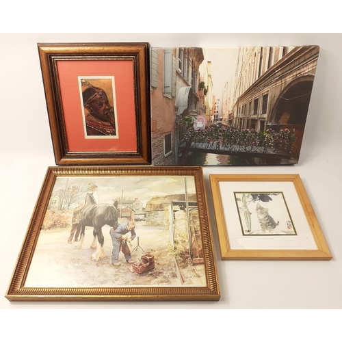 344 - Four pieces of assorted artwork to include a limited edition print of a kitten studying a ladybird, ... 