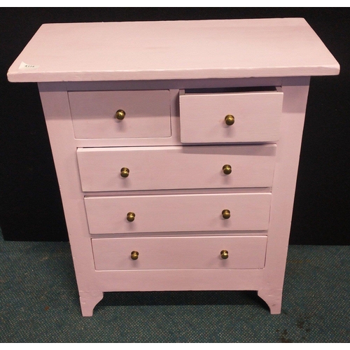 359 - Pink painted wooden set of 2 over 3 drawers with round brass handles. W: 67cm H: 77cm D: 34cm approx... 