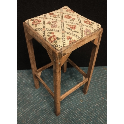 363 - Tapestry topped four legged stool. Decorated with red flowers. W: 24cm H: 49cm D: 25cm approx#366... 