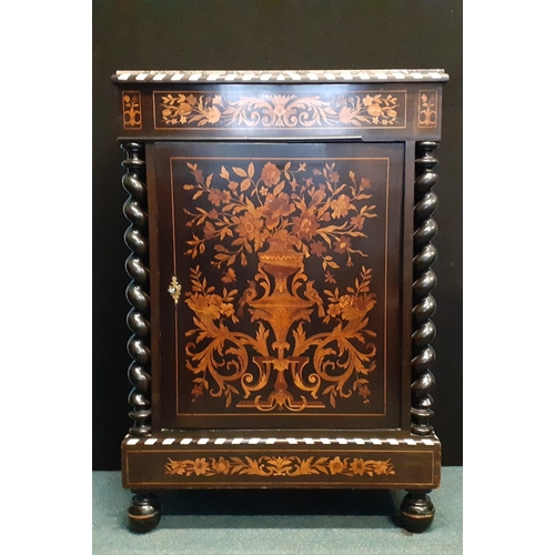 368 - An exquisite lacquered cabinet with inlaid marquetry and marble top which may be a later addition. A... 