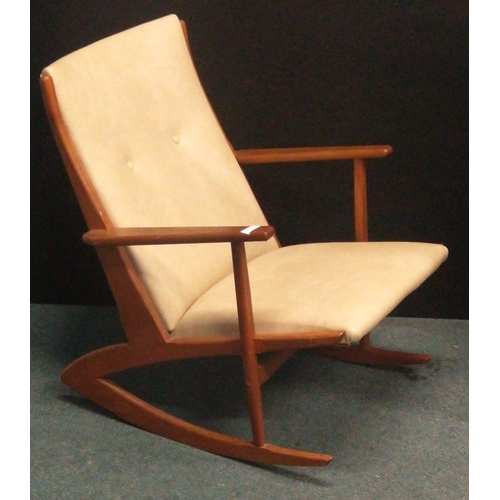 376 - RETRO Teak rocking chair with beige leather style covering. No visible makers marks. W: 60cm H: 80cm... 