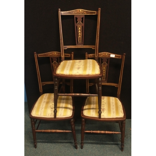 377 - Three bedroom chairs with striped yellow and cream seat pads, turned legs and flower motifs. W: 39cm... 