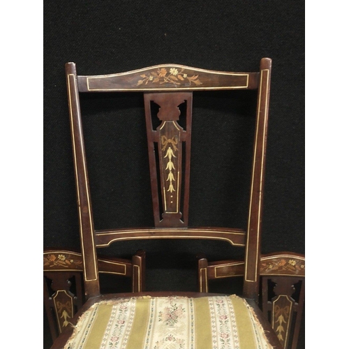 377 - Three bedroom chairs with striped yellow and cream seat pads, turned legs and flower motifs. W: 39cm... 