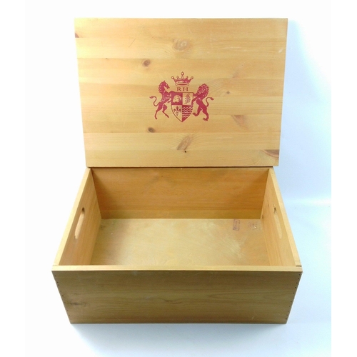 386 - A useful lidded pine box with RH crest H21xW51xD36cm in great useable condition#389