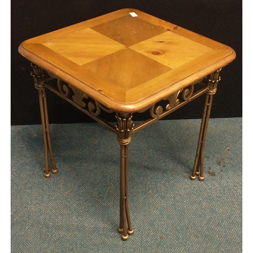 393 - Square topped side table with alternating colour squares and gilded triple footed legs. W: 56cm H: 6... 