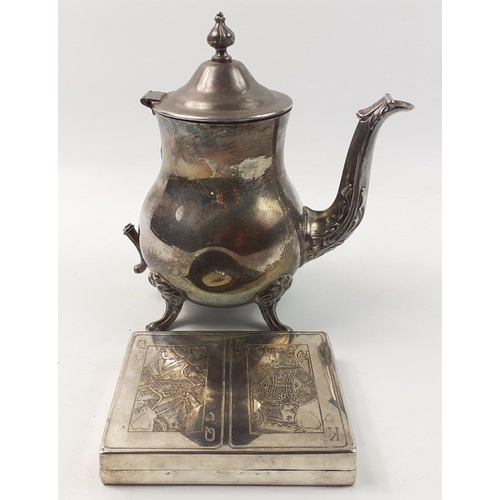 41 - A VINER'S silver plate ornate teapot with detached handle, 21cm to finial and a chrome card case 13c... 