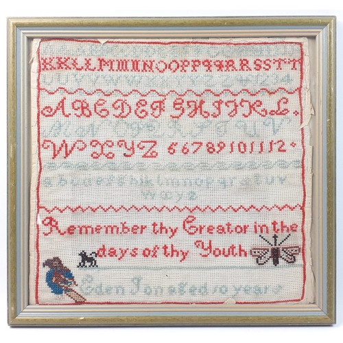 414 - A framed, glazed sampler by a ten year old child with birds and insects, 36x34cm approx#417