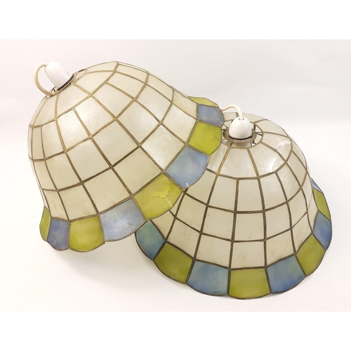 431 - UNUSUAL! Two ceiling lampshades made from shells with green and blue border, some light damage, each... 