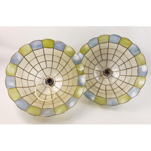 431 - UNUSUAL! Two ceiling lampshades made from shells with green and blue border, some light damage, each... 