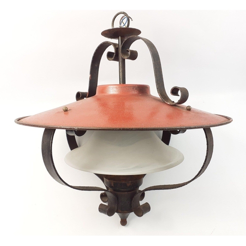 435 - A large brass lamp with opaque shade, appears to have been kept outdoors at some stage of its histor... 