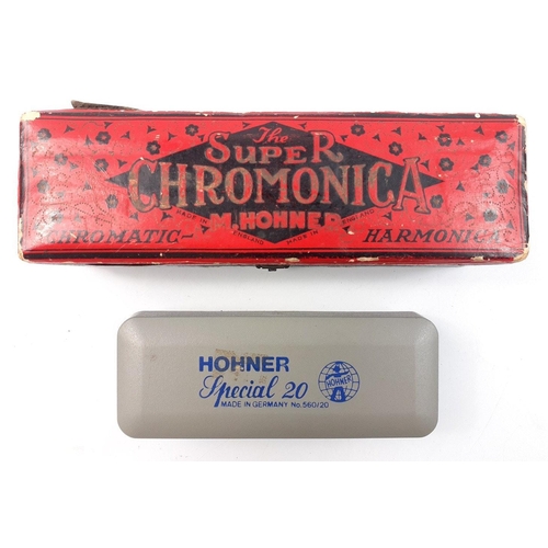 482 - A boxed HOHNER Special 20 marine band in A harmonica and a boxed M HOHNER The Super Chromonica harmo... 