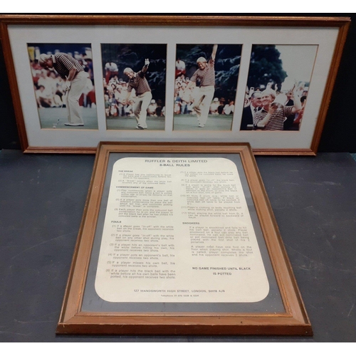 490 - A montage of JACK NICKLAUS sinking a putt 88x38cm approx, also contains a framed set of 8 ball rules... 