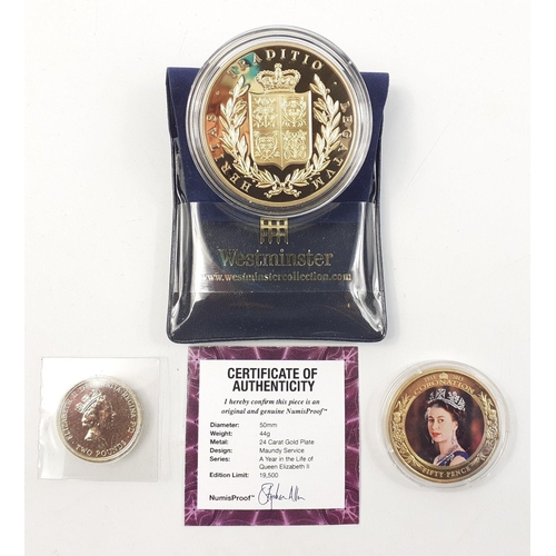 50 - An interesting collection of 3 coins of numismatic interest to include a 24ct gold plate Queen Eliza... 