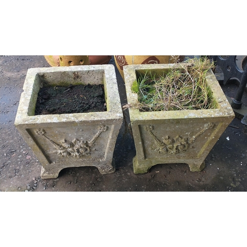 505 - Pair of square garden planters with motifs W35x H33 x D35cm approx#508