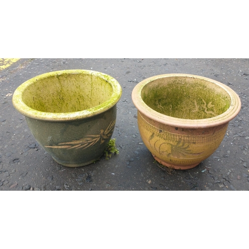 508 - Two smaller garden pots. One with green design other in light brown W24 x H19 x D24cm approx#511