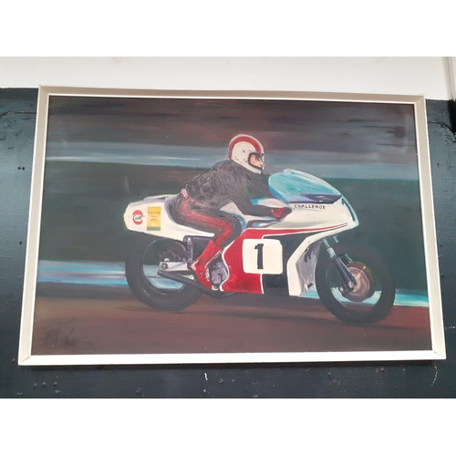 536 - Superb large original oil painting of Motor Cycle champion Spanish rider VICTOR PALOMO in the NORTON... 