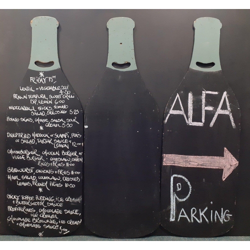 552 - Three wooden menu blackboards shaped as beer bottles, each 114cm tall#555