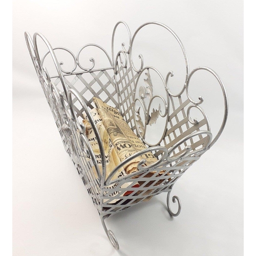 555 - Pretty and useful - a wire magazine rack H40cm x W50cm, silver painted and in good condition#558