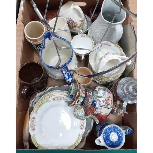 565 - A mixed box of mainly ceramics to include several STEINS, a 2 tier cake stand, a tea service, an ant... 