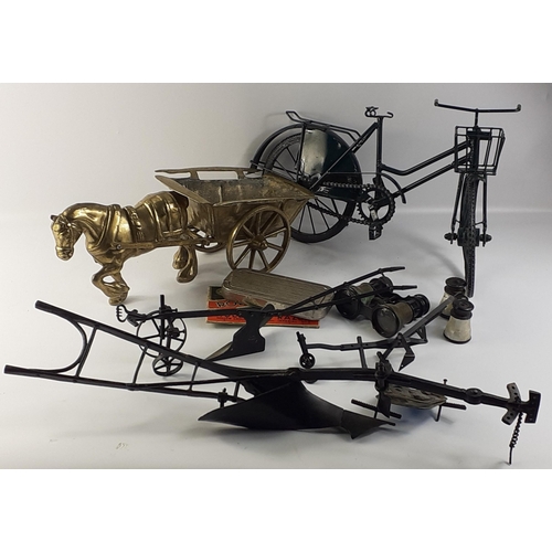 566 - INTERESTING LOT! A box containing a large brass horse and cart 42cm approx, a model of a vintage bic... 