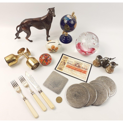 569 - A small mixed lot to include a cast greyhound, mother-of-pearl opera glasses, and others#572