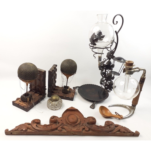 572 - COLLECTABLES! A mixed box to include a substantial wrought candle holder with wine dispenser, UNUSUA... 