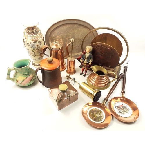 574 - A mixed box comprising various copper items, a hide bound tankard, an Oriental style vase, a Mappin ... 