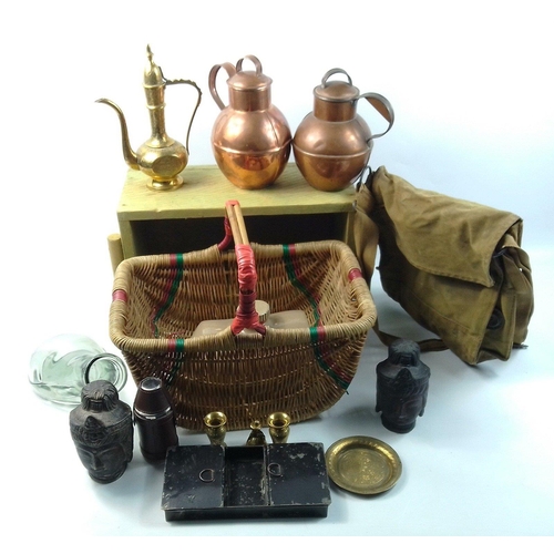 579 - A mixed lot to include a 20cm stone pig by Pearson's of Chesterfield, wicker basket W38cm, a useful ... 