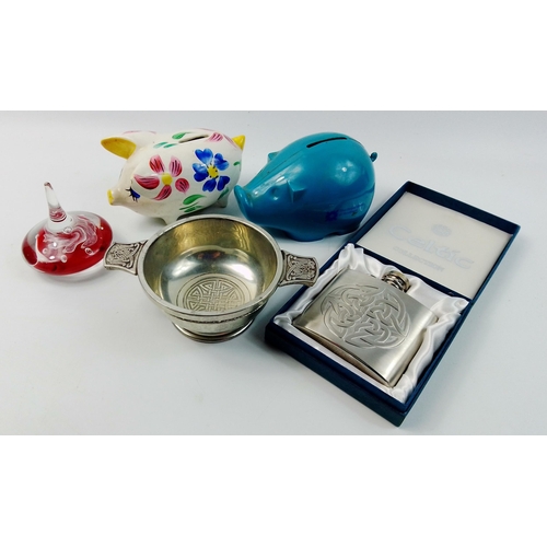 583 - A lovely collection including a Celtic Connection boxed chrome flask, a quaich with Celtic design, 2... 