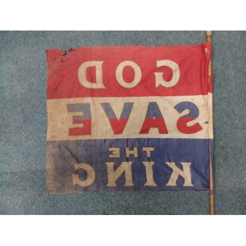 63 - A WWI period God Save the King Flag 82x70cm approx.  British made stamped on pole, but with signific... 