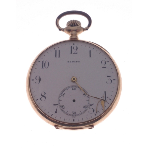 7 - A Zenith 14ct gold cased gent's pocket watch case no.22580. Mechanism marked Zenith 2392108. Inside ... 