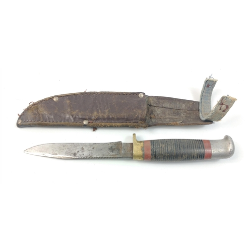 75 - A rare William Rodgers I Cut My Way sawback sheath knife. Sheath with homemade repair. Blade with so... 