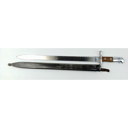 83 - A rare and unusual Waffenfabrik Neuhausen sawback bayonet with metal scabbard, likely Swiss in origi... 