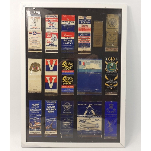 95 - A modern frame with WWII US mounted matchbook covers.  Some great images of airships, battle ships a... 